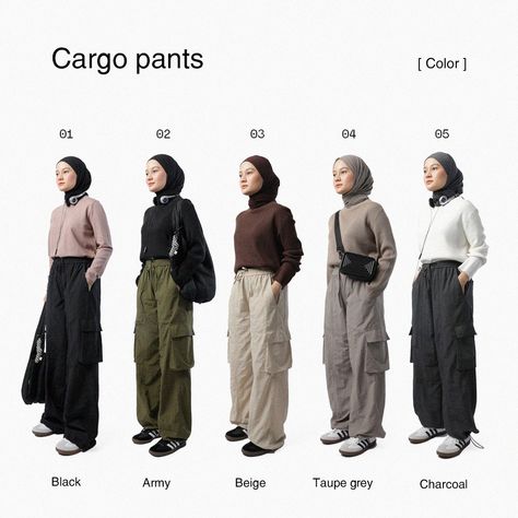 Clothing Brand Photo Shoots, Pants Hijab Outfit, Ootd Cargo Pants Hijab, Cargo Pants Outfit Hijab, Catalog Photoshoot, Stylish Outfits Casual, Mix Match Outfits, Fashion Poster Design, Color Combos Outfit