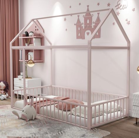 Amazon.com: HAUSHECK Floor Bed for Kids Full Size, Toddler Montessori Bed Frame for Boys Girls, Metal House Bed Fun Playhouse with Fence Railings : Home & Kitchen #amazon #amazondeals #amazonhome #amazonaffiliatelink #amazonmusthaves #amazonfavorites #amazonfinds2023 #furniture #furnituredesigns #furnitureideas #babygirl #babyboy #baby #babyroomideas #babyroomdecor #pink #multicolor #montessori #montessoriathome Playhouse Design, House Bed Frame, Fence Metal, Playhouse Bed, Montessori Floor Bed, Toddler Floor Bed, Floor Bed Frame, Unique Bed, House Frame Bed