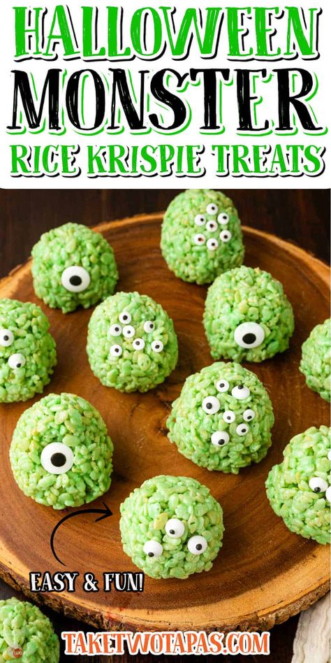 Halloween Treat Rice Krispie, Rice Krispie Treats Recipe Halloween, Halloween Food Rice Crispy Treats, Broccoli Halloween Food, Monster Cereal Treats, Rice Krispie Treat Monsters, Rice Crispy Monsters, Halloween Rice Crispies Treats, Rice Crispy Treat Halloween