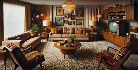 Mid Century Living Room 1950s, 70s Interior Design Retro, Mid Modern House, Nude Project, 70s Living Room, 70s Interior Design, 80s Interior, 70s House, 70s Interior