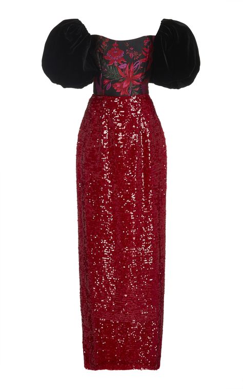 Marguerite Dress by MARKARIAN Now Available on Moda Operandi Brocade Dress, Velvet Gown, Brocade Dresses, Sleeves Style, Floor Length Skirt, Puffed Sleeves, Beach Dresses, Moda Operandi, Fashion Prints