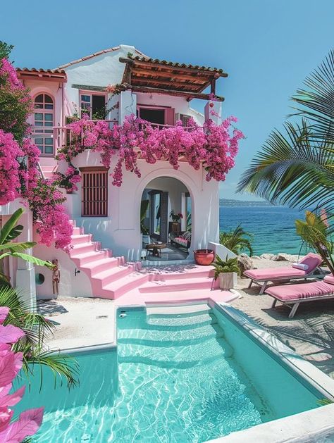 Pink And Turquoise Aesthetic, Caribbean Homes Exterior, Malibu Dream House, Pink Beach House, Caribbean House, Colorful Beach House, Miami Beach House, Florida Bungalow, Bahamas House