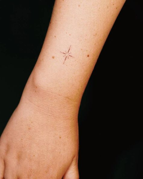 North Star Neck Tattoo, Inner Wrist Star Tattoo, Simple North Star Tattoo, North Star Tattoo Wrist, Minimalist North Star Tattoo, Fine Line North Star Tattoo, Micro Star Tattoo, Star On Wrist Tattoo, North Star Tattoo Meaning