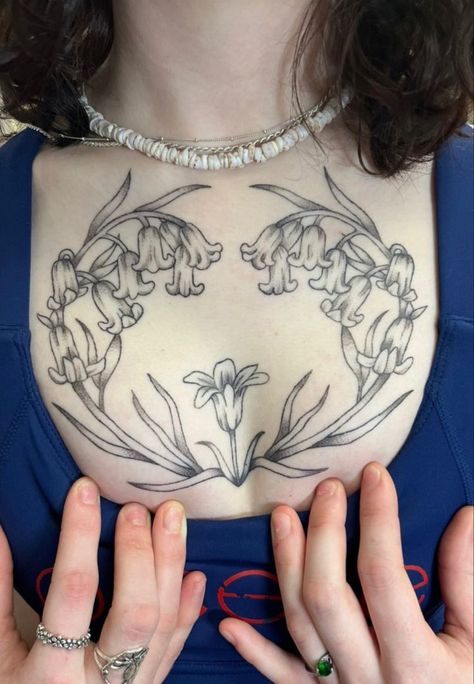 Women’s Upper Chest Tattoo, Bell Flowers Tattoo, Across Chest Tattoo Female, Chest Tattoo Floral, Fine Art Tattoos, Labrys Tattoo, Bell Flower Tattoo, Flower Tattoo Chest, Chest Flower Tattoo