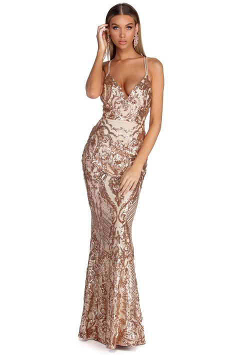 Julieanne Rose Gold Formal Sequin Scroll Dress Gold And Rose Gold Dress, Rose Gold Formal Dress, Gold Dresses Long, Rose Gold Prom Dress, Gold Formal Dress, Silver Cocktail Dress, Gold Cocktail Dress, Gold Prom Dresses, Gaun Fashion