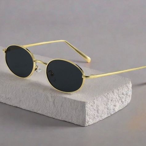 Gold Wire Frame Oval Black Tint Round Men's Women's Summer Glasses Vintage Hip Hop Fashion Unisex Trendy Retro 90's Shades Uv Protection Circle Sunglasses. High Quality Material: The Retro 90's Trendy Oval Dark Black Sunglasses Frame Constructed From Premium Polycarbonate Material, Ultra-Lightweight, Flexible, Yet Strong And Durable; Pc Lens Help Eliminate Reflected And Scattered Light, Restore True Color; Integrated Nose Pad Design Can Bring You A Stress-Free Wearing Experience. With These Dark Vintage Sunglasses Aesthetic, Protection Circle, Shades For Men, Summer Glasses, Circle Sunglasses, Nose Pins, Mens 90s, Vintage Hip Hop, Glasses Vintage