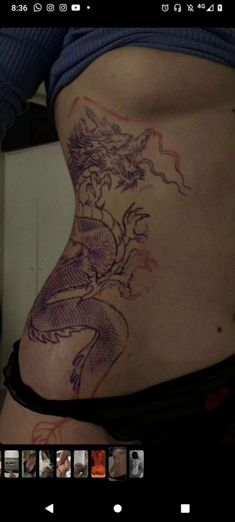 Side Dragon Tattoos Women, Dragon Thigh Hip Tattoo, Front Upper Leg Tattoos Women, Female Waist Tattoo, Side Thigh Tattoos Dragon, Dragon Tattoo Side Stomach, Double Dragon Back Tattoo, Dragon Tattoo On Stomach, Baddie Thigh Tattoos Side