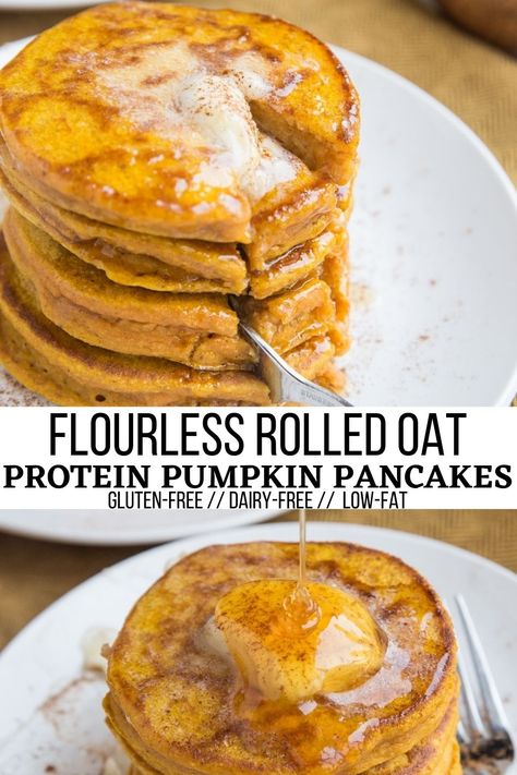 Flourless Protein Pumpkin Pancakes (Gluten-Free) - The Roasted Root Pumpkin Oatmeal Pancakes, Pumpkin Protein Pancakes, Dairy Free Pancakes, Pumpkin Pancake Recipe, Healthy Pancake Recipes, Pumpkin Waffles, Gluten Free Pancakes, Pumpkin Oatmeal, Pumpkin Pancakes