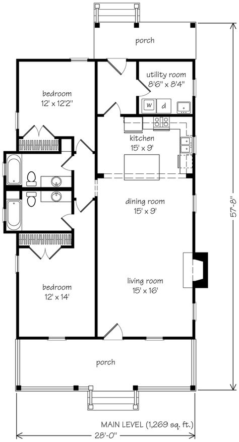 Yes! Mud room, open kitchen/living area.  Just add a sleeping loft for kids/guests and it's perfect :) 2 Bedroom House Plans With Fireplace, Two Bedroom Two Bath House Plans, 2 Bedroom 2 Bath House Plans, 2 Room House Plan, Shotgun House Plans, Shotgun House, Southern Living House Plans, A Small House, Empty Nesters