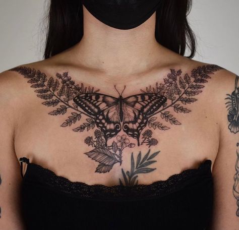 Moth Fern Tattoo, Fern Chest Tattoo, Plus Size Stomach Tattoo, Butterfly Chest Tattoo, Fern Tattoo, Nyc Tattoo, Throat Tattoo, Goth Tattoo, Bug Tattoo