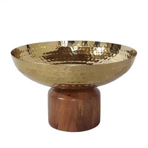 Benjara BM284952 8 in. Steel Decorative Roe Small Acacia Wood Table Bowl - Gold & Brown Decorative Orbs, Table Bowl, Acacia Wood Table, Bowl Light, A&b Home, Decorative Bowl, Wood Accents, Colour Scheme, Plates And Bowls