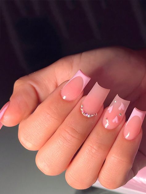 24pcs/Set French-Inspired Coffin Shape Nail Tips With Pink Heart-Shaped Rhinestone, Perfect For Parties Or Daily Wear | SHEIN USA Snowflake Nail Ideas, Snowflake Nail, Pink Coffin, Trendy Nail Designs, Manicure Designs, Nail Care Tips, Coffin Shape, Snowflake Nails, Coffin Shape Nails