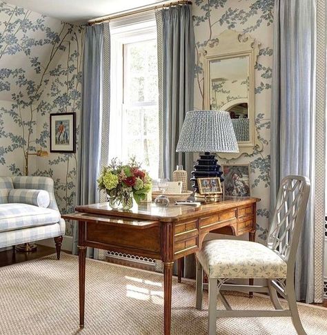 Heather Chadduck Textiles on Instagram: "A beautiful room designed by @susan_farcy_interior_design ! We 💙 seeing #GINGER in bluebird on your desk chair! @asidnj #heatherchadducktextiles" Heather Chadduck, English Country House Style, Beautiful Room Designs, House Restoration, Cottage Style Homes, English Design, English Country House, Country Style Homes, Classic House