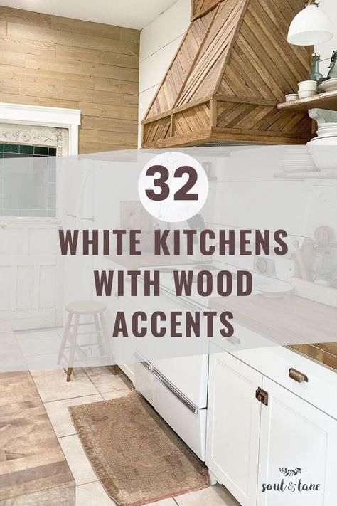 White Kitchen With Wood Accents, Kitchen With Wood Accents, Statement Island, Wood Kitchen Backsplash, Kitchen Hood Ideas, White Kitchen Rustic, Herringbone Floors, Backsplash For White Cabinets, Backsplash With White Cabinets