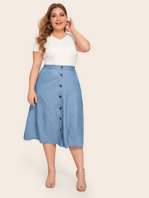 Shein Plus Button Front High Waist Denim Skirt Plus Size Jean Skirt Outfits, High Waisted Skirt Plus Size, Denim Skirt Outfit Plus Size, Plus Size Denim Skirt Outfit, Jean Skirt Outfits Plus Size, Plus Size Denim Outfits, Plus Size Skirt Outfits, Plus Size Jean Skirt, Denim Skirt Plus Size