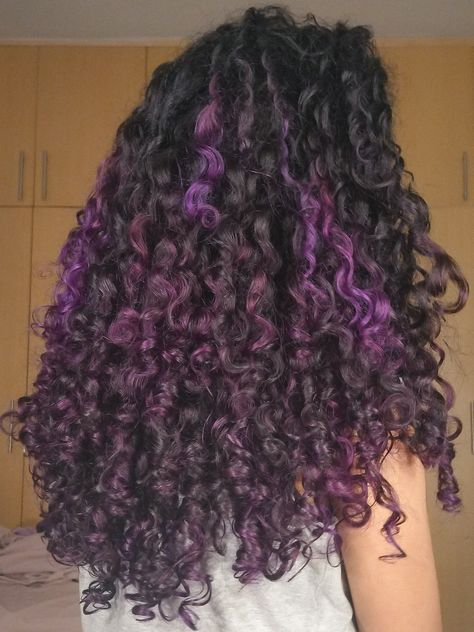 Dark Brown Hair With Hints Of Purple, Curly Hair With Purple Tips, Purple Balayage Curly Hair Natural Curls, Hair Dies Ideas For Curly Hair, Purple And Black Hair Curly, Curly Dyed Hair Purple, Dyed Highlights Curly Hair, Curly Hair Dye Highlights, Purple Highlights In Brown Hair Curly