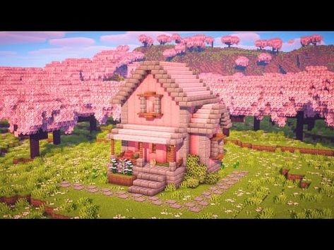 Minecraft | How to build a Cherry Blossom Survival House - YouTube Minecraft Cherry Blossom House Cottage, Mc Cherry Blossom House, Aesthetic Cherry Blossom, Cherry Blossom House, Minecraft Cherry Blossom, Cherry House, Survival House, Blossom House, Minecraft Buildings