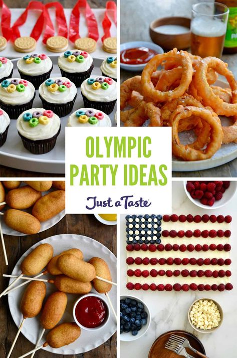 Olympic-Themed Party Ideas Olympic Theme Food Ideas, Olympic Snacks For Kids, Olympic Appetizers, Olympic Food Ideas, Olympic Themed Snacks, Olympic Cupcakes, Olympic Desserts, Olympic Party Food, Olympic Snacks