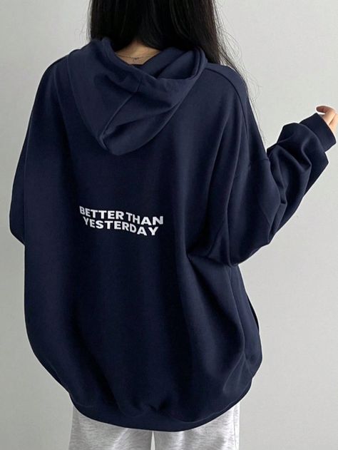 Women Letter Print Loose Fit Hoodie Navy Blue Casual  Long Sleeve Fabric Letter Pullovers Slight Stretch Spring/Fall Women Clothing, size features are:Bust: ,Length: ,Sleeve Length: Blue Oversized Hoodie, Punk Woman, Stand Collar Top, Navy Blue Hoodie, Quality Hoodies, Workout Hoodie, Oversize Hoodie, Kids Beachwear, Casual T Shirts