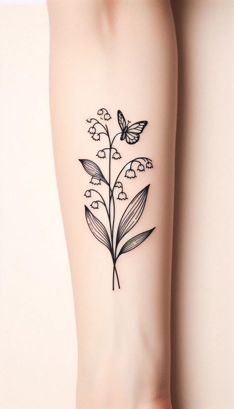 Simple Minimal Fine line Lily of the Valley Flower and Butterfly Tattoo Lily Of The Valley And Butterfly Tattoo, Lily Of The Valley Butterfly Tattoo, Lilies Of The Valley Tattoo, Fine Line Lily, Flower And Butterfly Tattoo, Name Flower Tattoo, Lily Of The Valley Tattoo, Valley Tattoo, Butterfly With Flowers Tattoo