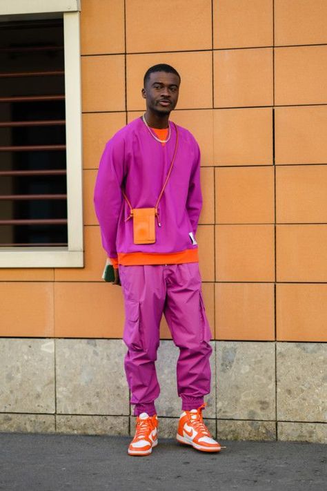 Neon Casual Outfits Men, Mens Monochromatic Outfit Pink, Men Bright Outfits, Bright Colour Outfit Men, Colorful Outfits For Men, Jewel Tone Outfits Men, Colorful Queer Fashion, Bright Color Men Outfit, Colorful Masculine Outfits