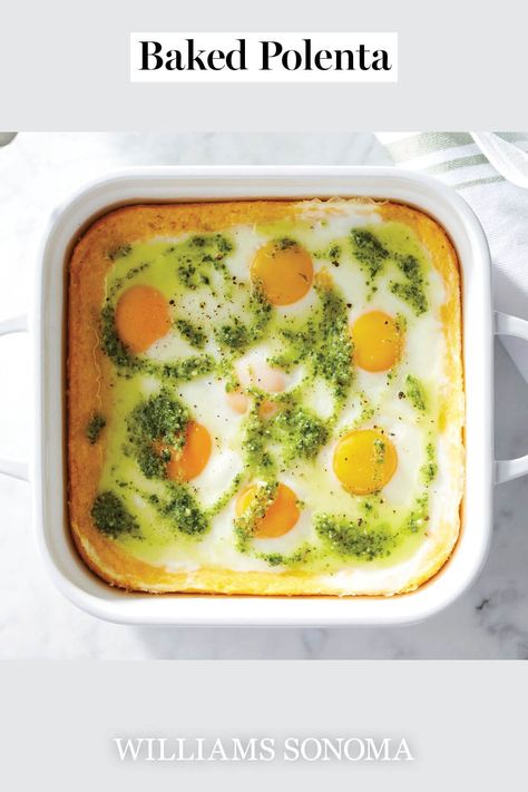 Polenta And Eggs Recipes, Polenta Egg Bake, Polenta Breakfast Recipes, Polenta Eggs, Polenta Bake, Polenta Breakfast, Breakfast Polenta, Pesto Eggs, Baked Polenta