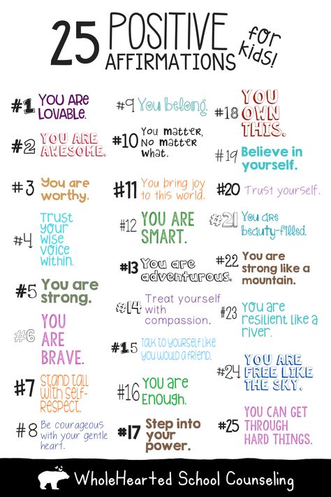 50 Positive Affirmations for Kids: Using Positive Self-Talk as a Coping Skill - WholeHearted School Counseling Positive Learning Affirmations, Prek Affirmations, Positive Mantras For Kids, Middle School Positive Affirmations, Positive Afirmations Kids, Back To School Affirmations For Kids, Therapy Quotes Counseling Positive Affirmations, Pre K Affirmations, Positive Affirmation Words