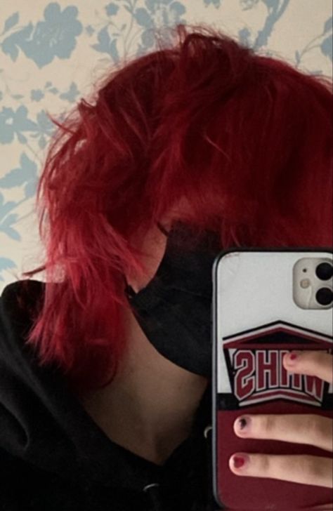 emo boy red hair mask mirror selfie Genderfluid Haircut, Crimson Red Hair, Red Peekaboo, Blood Red Hair, Red Hair Boy, Crimson Hair, Red Hair Men, Cherry Red Hair, Short Red Hair