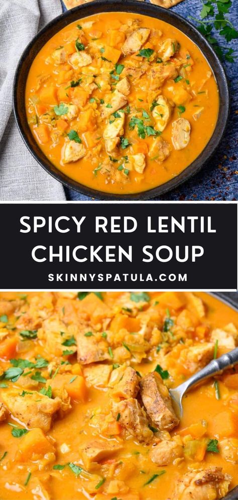 Spicy Red Lentil Chicken Soup – Skinny Spatula Jerk Chicken Soup, Lentil Chicken, Lentil Chicken Soup, Chicken And Lentil Soup, Red Soup Recipe, Chicken Lentil Soup, Spicy Lentil Soup, Chicken Soup Recipes Easy, Red Lentil Recipes