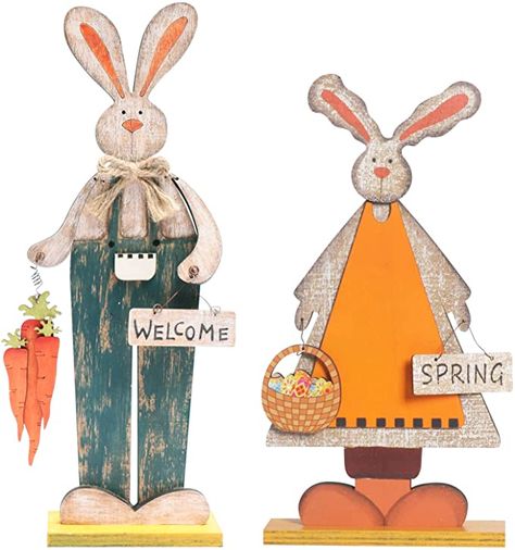 SY Super Bang 2pcs Retro Bunny Easter Wooden Decorations, Rustic Rabbit Tabletop Decor for Centerpiece Home Farmhouse Party Spring Summer Holiday. Farmhouse Party, Yellow Rabbit, Welcome Logo, Green Rabbit, Rabbit Crafts, Wooden Decorations, Easter Egg Tree, Wooden Cards, Bunny Figurine