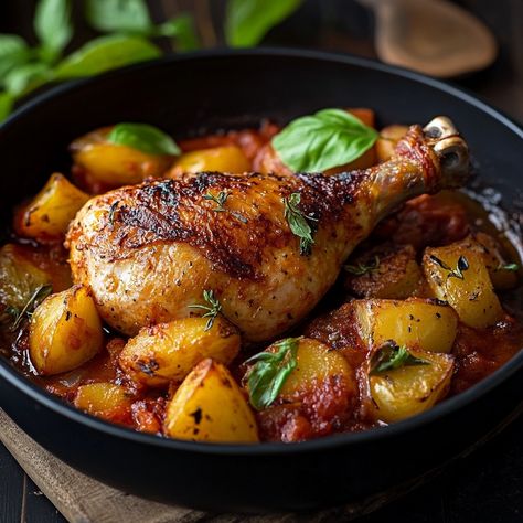 Chicken with Peppers and Fondant Potatoes in Tomato Sauce Discover this delicious chicken dish with peppers and tender potatoes, simmered in a fragrant tomato sauce. A comforting meal full of flavor, perfect for a dinner with family or friends. 📋 Ingredients: 4 chicken thighs 🍗 2 peppers (red and green) 4 potatoes 🥔 1 onion 2 cloves of garlic 400 g canned crushed tomatoes 🍅 200 ml of chicken broth 🍲 2 tablespoons of olive oil Salt, pepper, paprika and dried oregano to taste 🌿 A few fresh ... Canned Crushed Tomatoes, Chicken With Peppers, Fondant Potatoes, Dinner With Family, Canning Crushed Tomatoes, Gourmet Food Plating, Chicken Dish, Western Food, Chicken Stuffed Peppers