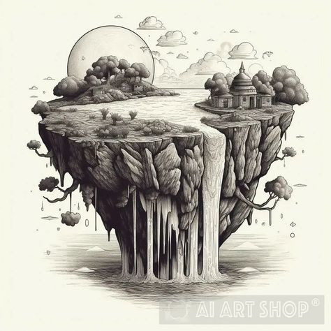 Floating Island Drawing, Island Drawing, Floating Island, Mystical Forest, Island House, Mural Ideas, Drawing Easy, Cartoon Art Styles, Art Styles