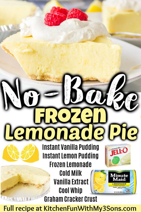 Frozen Lemonade Pie is a yummy no-bake dessert that takes just 10 minutes to prep. It combines frozen lemonade with creamy pudding and Cool Whip on a graham cracker crust. #Dessert #Recipes Frozen Lemonade Dessert, No Bake Desserts Lemon, Bbq Side Desserts, Frozen Lemonade Pie Recipe, Summer Crisp Dessert, Lemonade Cheesecake No Bake, No Bake Lemonade Pie, Lemon Cool Whip Pie, Jello Dessert Recipes Cool Whip