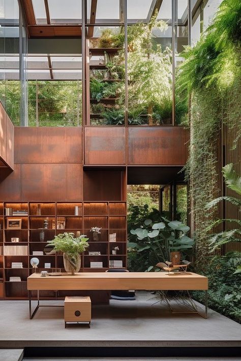 AI design image of a home office filled with greenery on the walls Biophilic Home Office, Organic Office Design, Biophilic Office Design, Workplace Design Office, Biophilic Interior, Organic Interior Design, Biophilic Architecture, Eco Friendly Office, Organic Interior