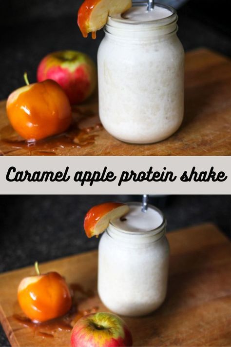 A "healthier version of a classic fall treat. Unflavored protein powder, and sugar free caramel coffee syrup combine with apples, juice, and a frozen banana to create this delicious shake. Apple Protein Shake, Caramel Coffee Syrup, Good Workouts, Sugar Free Caramel, Unflavored Protein Powder, Caramel Coffee, Coffee Syrup, Fall Treats, Protein Shake