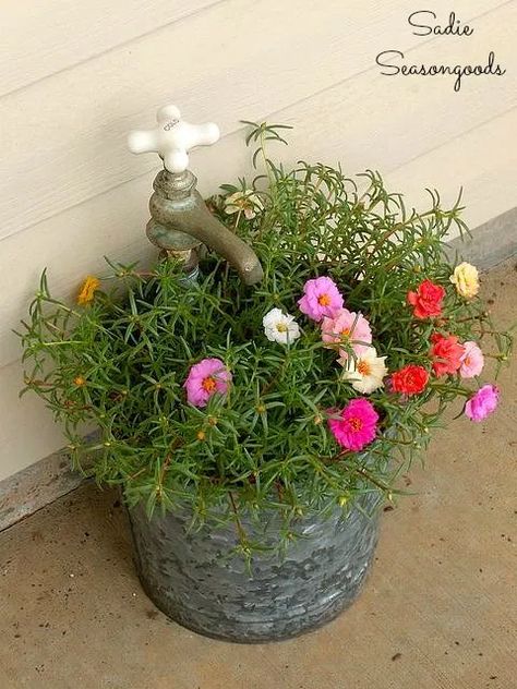 Porch planter using antique brass faucet and galvanized bucket as metal planter by Sadie Seasongoods / www.sadieseasongoods.com Galvanized Bucket Planters, Faucet Planter, Antique Brass Faucet, Old Bucket, Bucket Planters, Galvanized Buckets, Porch Planters, Rustic Planters, Vintage Bucket