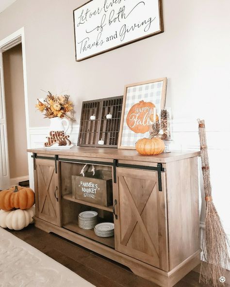 Tv Stand Fall Decor Ideas, Fall Buffet Table Decor, Dining Room Cabinet Decor, Decor Buffet Table, Fall Tv Stand Decor, Buffet Table Ideas Decor, Buffet Table Decor Ideas, Fall Console Table Decor, Fall Coziness