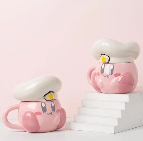 Tea time #kitchen #recipe #tea #mug #mario #furniture #design #handmade #gifts Kirby Mug, Kawaii Kirby, Cartoon Chef, Ceramic Mug With Lid, Pink Coffee Mugs, Style Kawaii, Anime Toys, Enjoy Coffee, Pink Vibes