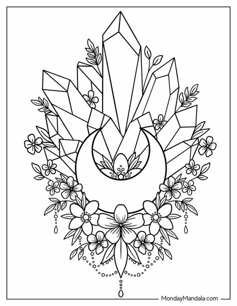 Free Witchy Coloring Pages, Astrology Coloring Pages, Witchy Coloring Pages, Moon Coloring Pages, Drawing Instructions, Witch Coloring Pages, Crystal Drawing, Adult Coloring Designs, Free Adult Coloring Pages