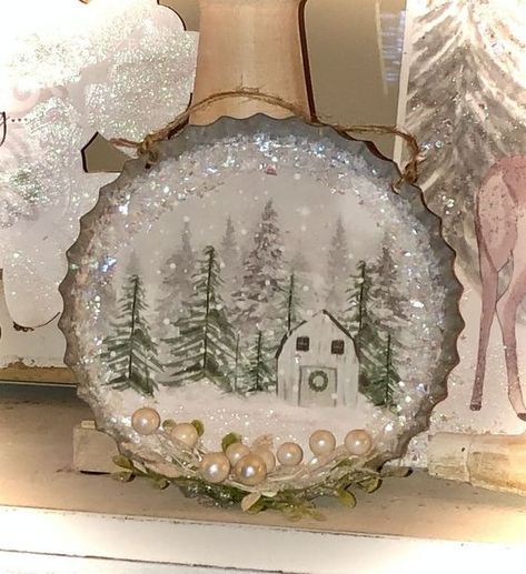 Tart Pan Ornaments, Dollar Tree Winter Decor Ideas Diy, Dollar Store Winter Crafts, Men Crafts Projects, Tart Pan Crafts, Fun Dollar Tree Crafts, Winter Craft Decor, Winter Craft Diys, Dollar Tree Wood Projects