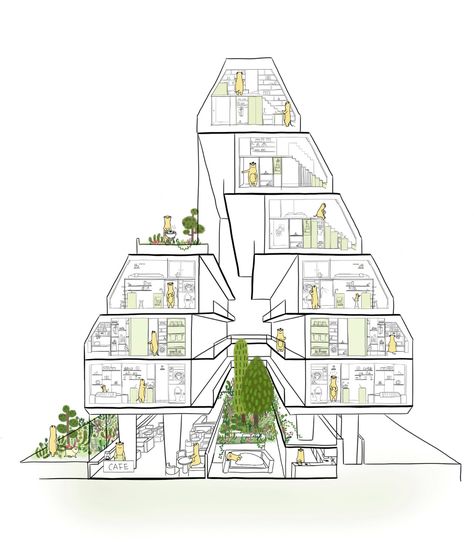 Treehouse is a sloping block of co-living apartments with a tree-filled atrium Building With Atrium Plan, Sustainable Apartment Architecture, Apartment Complex Architecture, Co Living Apartment, Co Housing Architecture, Co Living Concept, Green Atrium, Sustainable Apartment, Collective Living