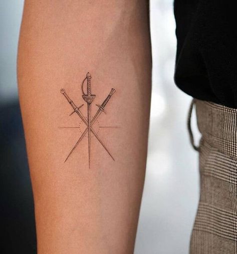 Crossed Swords Tattoo, Thigh Tats Men, Swords Tattoo, Simple Arm Tattoos, Medieval Tattoo, Wolf Tattoo Sleeve, Ear Tattoo Ideas, Crossed Swords, Aries Tattoo