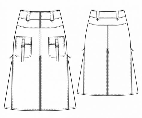 "Cargo" Skirt With Zipped Gusset - Sewing Pattern #5486 - $2.49 (Enter your measurements for a custom-size pattern!) Sewing Patterns For Women, Fashion Design Template, Godet Skirt, Fashion Design Sketch, Flat Sketches, Skirt Patterns Sewing, Flats Patterns, Women Skirts, Womens Sewing Patterns