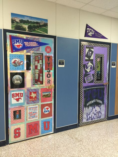 No excuses university! SMU and TCU :) College Hallway, Academic Advisor, College Advising, Spring Classroom Door, College Theme, College Advisor, College Bulletin Boards, Probability Worksheets, School Guidance Counselor