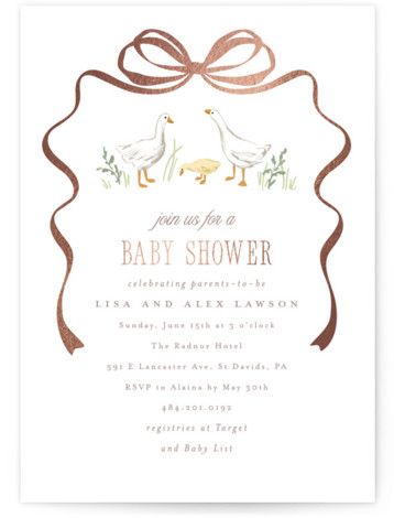 Celebrate the little one on the way with a unique foil-pressed baby shower invitation designed by Minted's community of independent artists. Hand-pressed with real foil, all designs are printed on luxe paper. If you have any questions or special requests for your cards, please email us . A sweet storybook-inspired goose family Coed Baby Shower Themes, Unique Baby Shower Themes, Baby Shower Duck, Baby Shower Invitations Design, Vintage Baby Shower, Baby Shower Vintage, Sprinkle Invitations, Unisex Baby Shower, Coed Baby Shower