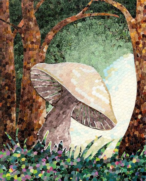 "Mushroom Greeting"..hole-punch by Connie M. Campbell Hole Punch Art Ideas, Toads In A Hole, Mushroom Scene Painting, Punch Art Ideas, Space Mushroom Art, Mushroom Land Painting, Hole Punch Art, Mishroom Artwork, Art Mushrooms