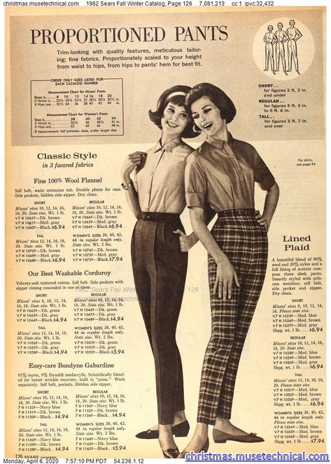 1962 Sears Fall Winter Catalog, Page 126 - Christmas Catalogs & Holiday Wishbooks 1960s Womens Pants, Late 50s Early 60s Fashion, 60s Wardrobe, Early 60s Fashion, Early 1960s Fashion, 1962 Fashion, 1960s Pants, 1960s Women, 1960s Fashion Women