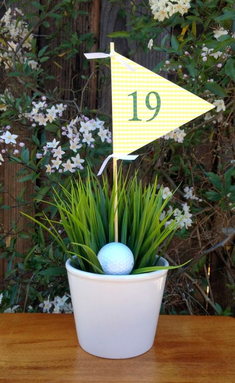 Golf Party Centerpiece #golf #centerpiece #19thhole Golf Centerpieces, Golf Theme Party, Golf Flag, Golf Party Decorations, Golf Birthday Party, 19th Hole, Golf Decor, Design Club, Golf Event