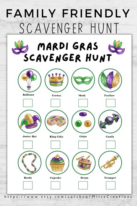 Shake up your Mardi Gras celebrations with an exciting scavenger hunt for everyone to enjoy! Our Fat Tuesday scavenger hunt package includes bonus flashcards and learning cards to help the family quickly get up to speed on carnival culture and trivia. Once you’re ready, get out and explore some of the city's best Mardi Gras sights and sounds, while playing exciting games with your friends and family. Marci Gras Activities For Kids, Mardi Gras Assisted Living, Mardi Gras Games For Seniors, Mardi Gras Kids Party, Mardi Gras Games For Kids, Mardi Gras Crafts For Kids, Mardi Gras Party Games, Mardi Gras Games, Mardi Gras Activities