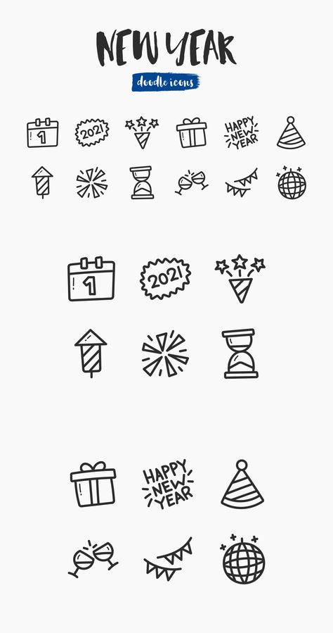 New Year Hand-Drawn Doodle Icons New Years Calendar Ideas, New Years Symbols, New Year Doodle 2023, Happy New Year Doodle Art, New Year Drawing Ideas 2023, New Year’s Eve Drawing, New Years Drawings Easy, New Year Doodle 2024, Happy New Year Sketch